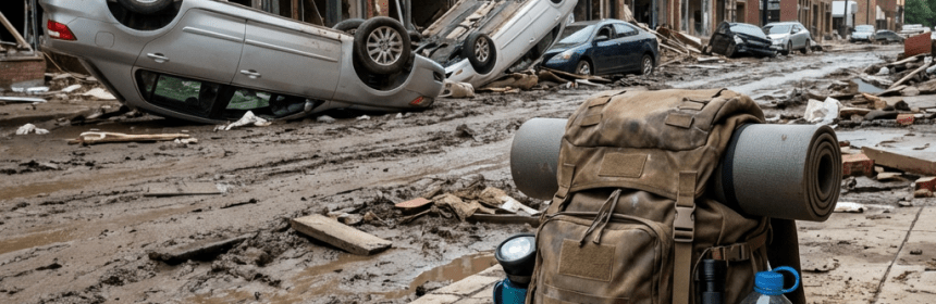 Tactical backpack on a cracked sidewalk in a disaster-stricken city street with overturned cars.