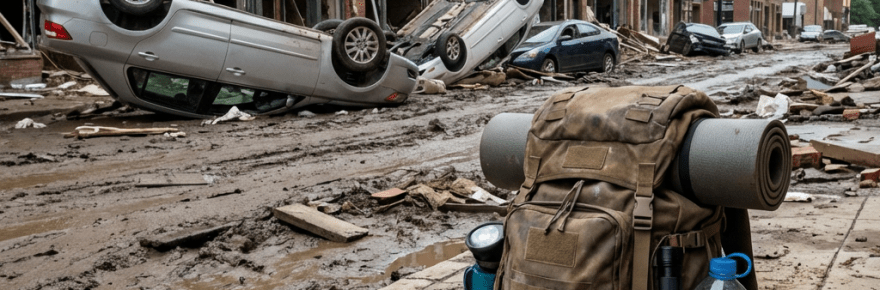 Tactical backpack on a cracked sidewalk in a disaster-stricken city street with overturned cars.