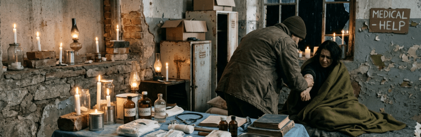 Man providing medical care to a woman in a dimly lit, rundown room with medical supplies