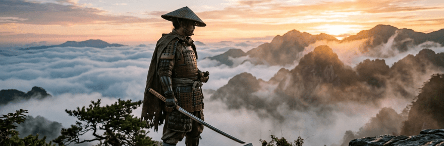 Samurai in traditional armor standing on rocky mountain edge with mist and sunrise