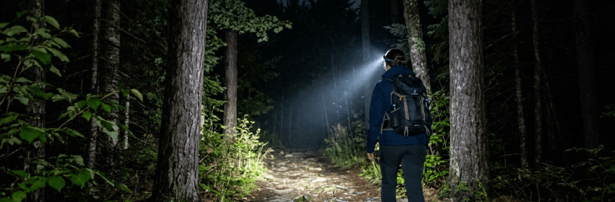 Hiker wearing backpack and headlamp walking on a rocky forest trail at night
