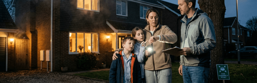Family of four conducting fire safety check outside a house with smoke in the background