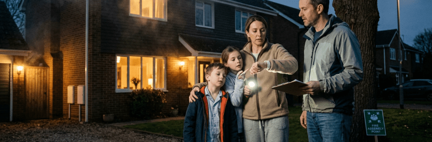Family of four conducting fire safety check outside a house with smoke in the background