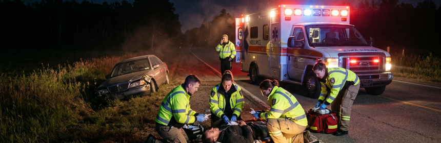 Paramedics attending to an injured person lying on the ground near a crashed car with ambulance lights flashing