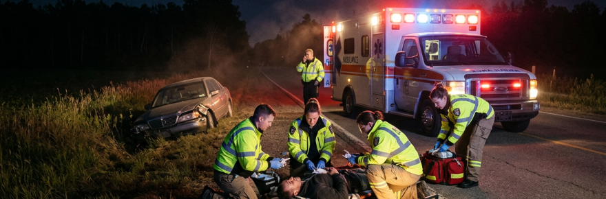 Paramedics attending to an injured person lying on the ground near a crashed car with ambulance lights flashing