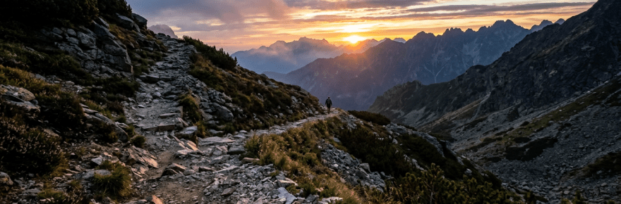 Hiker walking on rocky mountain trail with sunset and peaks in background