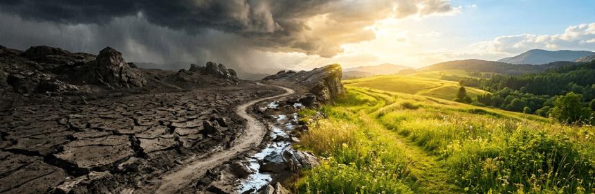 Path dividing cracked dry earth on left and lush green grass with flowers on right under cloudy and sunny skies