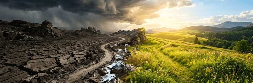 Path dividing cracked dry earth on left and lush green grass with flowers on right under cloudy and sunny skies