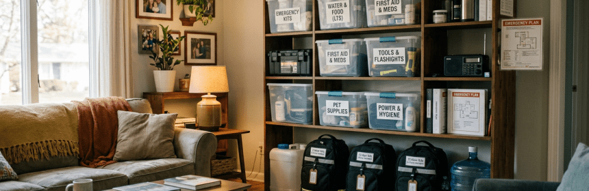 Shelves with labeled emergency kit boxes and preparedness supplies in a living room