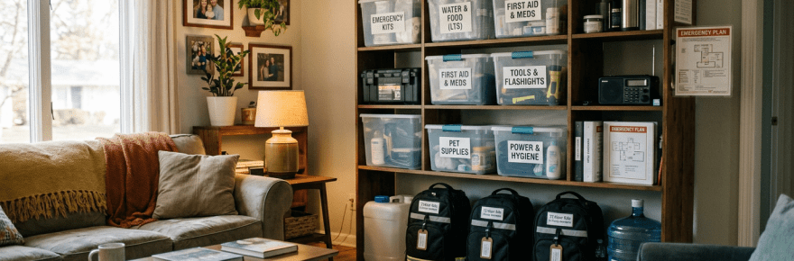 Shelves with labeled emergency kit boxes and preparedness supplies in a living room
