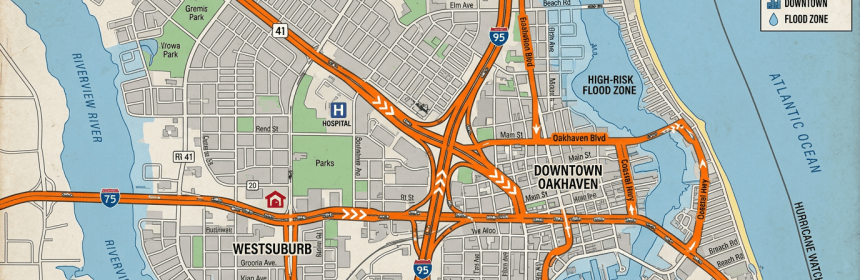 Map showing Oakhaven's evacuation routes, flood zones, shelters, and key areas including downtown and Westsuburb.