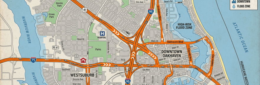 Map showing Oakhaven's evacuation routes, flood zones, shelters, and key areas including downtown and Westsuburb.