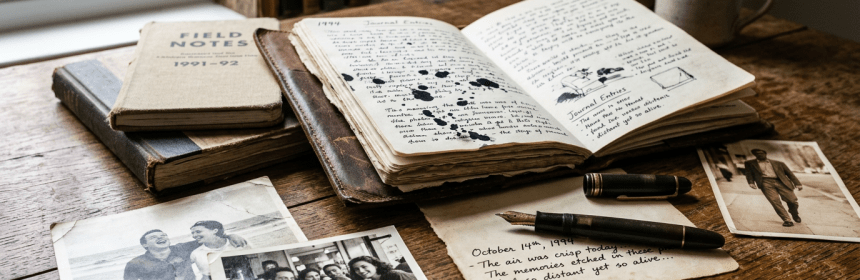 Open journal with handwritten entries, vintage photographs, fountain pen, and old notebooks on a wooden table