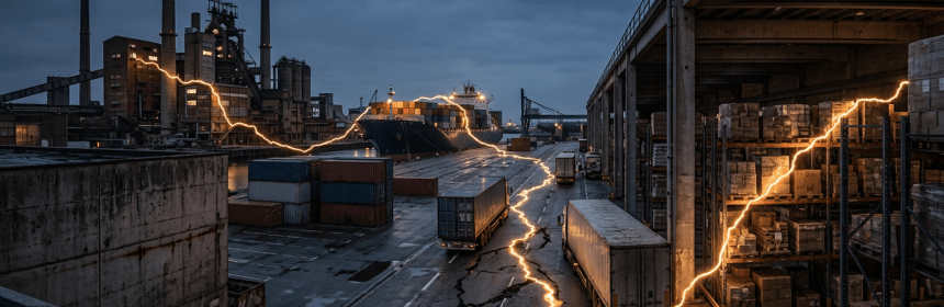 Industrial port at dusk with cargo containers, trucks, and an illuminated electric light trail