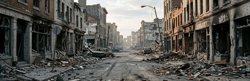 Deserted city street with rubble, damaged buildings, and abandoned cars