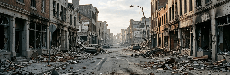 Deserted city street with rubble, damaged buildings, and abandoned cars
