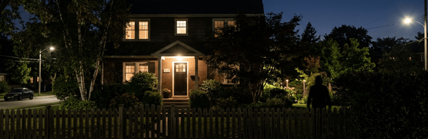 Two-story suburban house with lit windows and porch light at night under a crescent moon