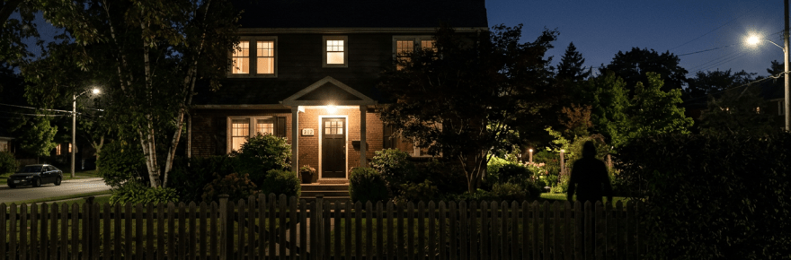 Two-story suburban house with lit windows and porch light at night under a crescent moon