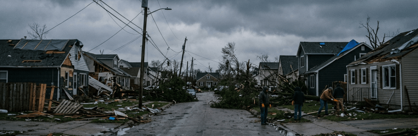 Neighborhood street with storm damage, fallen trees, and people cleaning debris