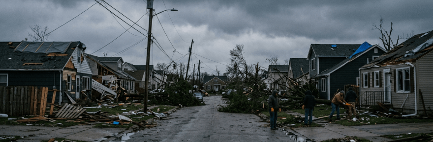 Neighborhood street with storm damage, fallen trees, and people cleaning debris