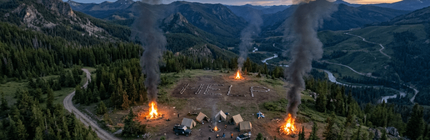 Mountain camp with fires spelling HELP in clearing