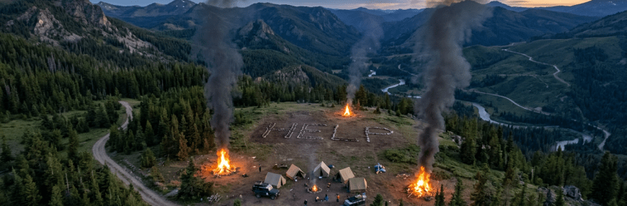 Mountain camp with fires spelling HELP in clearing