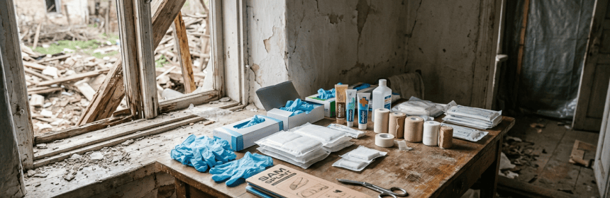 Medical supplies arranged on a table in a damaged building