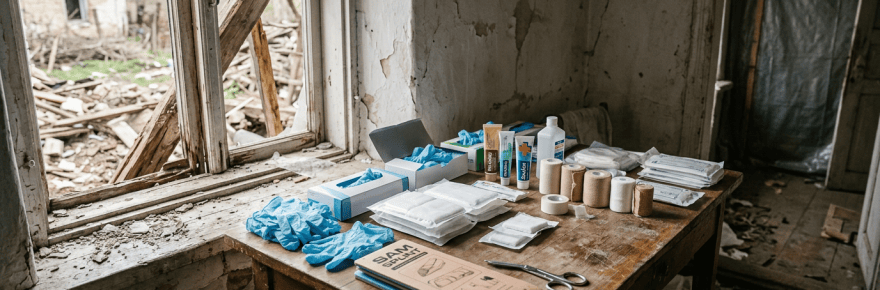 Medical supplies arranged on a table in a damaged building